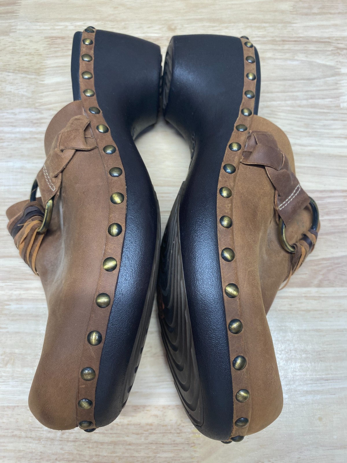 Ecco Leather Studded Slip On Size 9.5 EU 40 Mules Clogs Chunky Strap Boho Brown