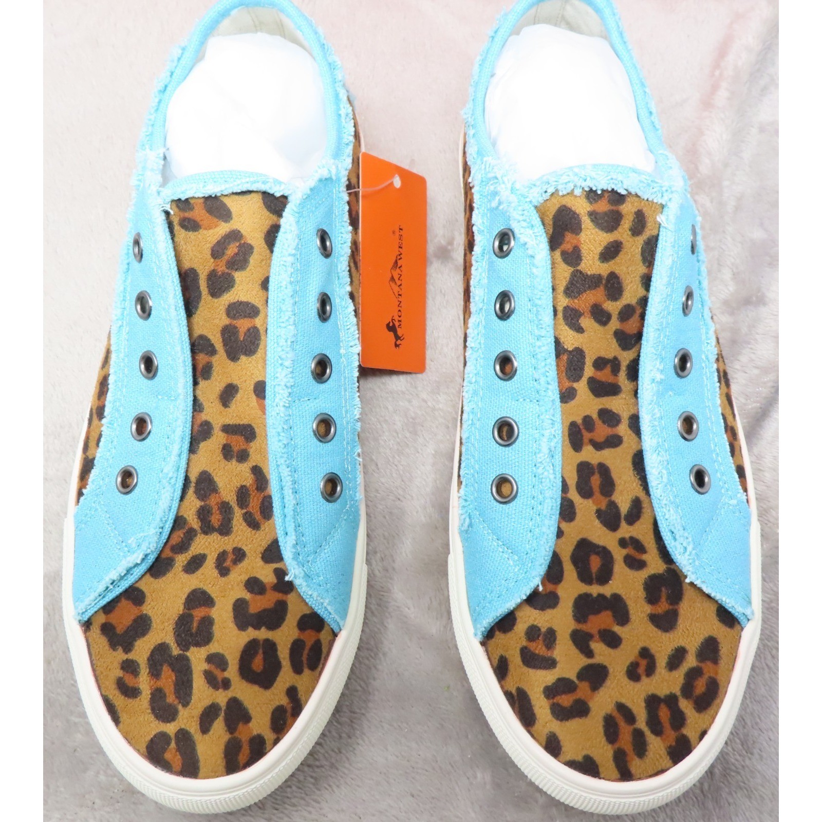 Montana West Tooled Leopard Canvas Shoes 8 Blue Brown Western Cowgirl Hippie NIB