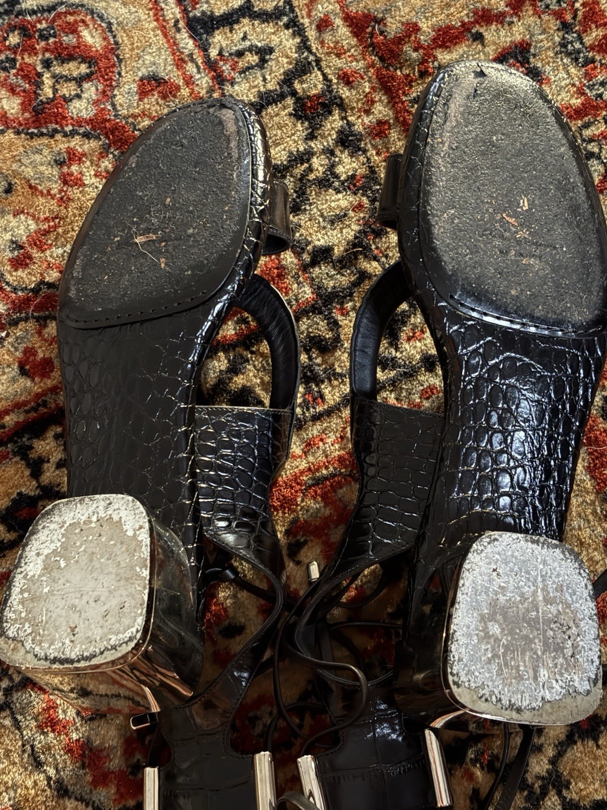 Salvatore Ferragamo Black Croc Embossed Leather Glorja Sandals 9.5 40