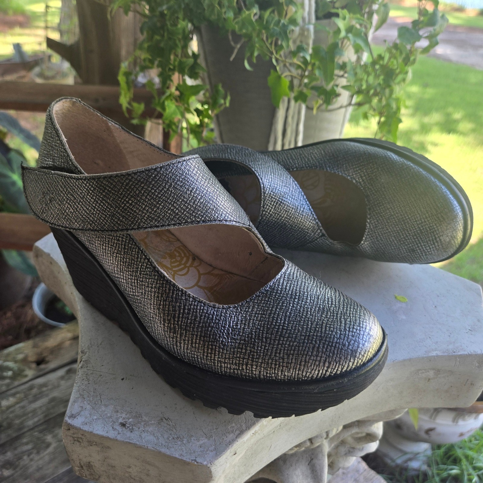 Fly London Pewter Silver Lato Wedge Size Eu 37 Us 6