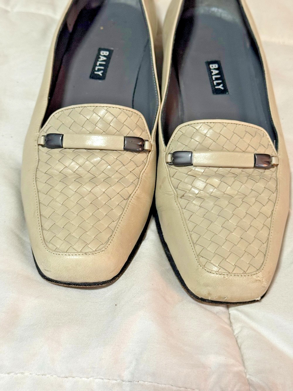 BALLY TAN LEATHER SHOES WOMENS LOAFER BASKETWEAVE AND STRAP ACCENT SIZE 7-1/2