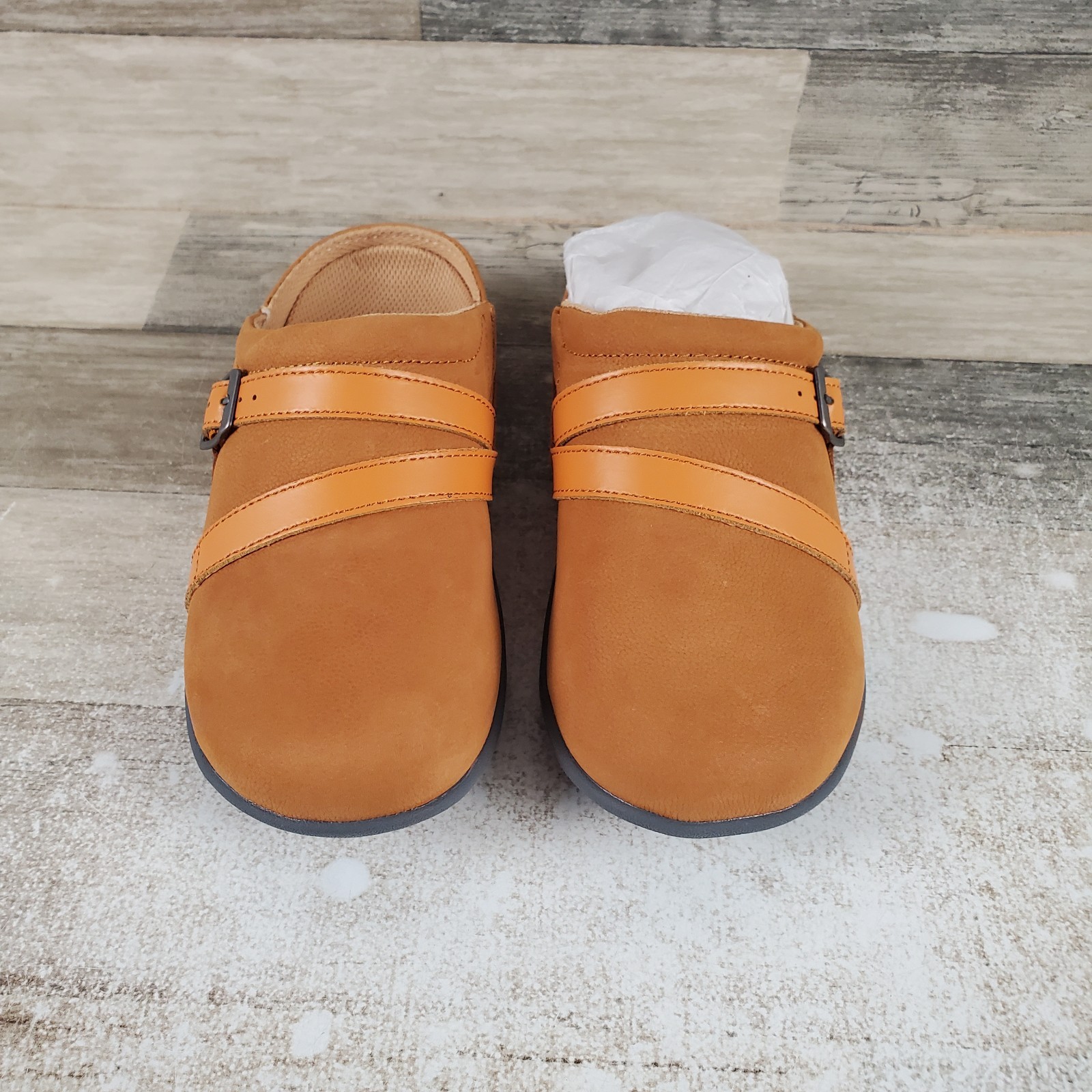 Spenco Sydney Womens Mules Sz 5.5 W Cognac Leather Comfort Slip On Round Toe