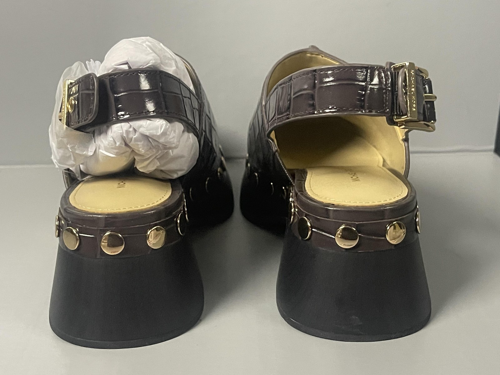 Michael Kors Esra Clog Shoes Womens Size 5 Brown Leather Studded Platform Clogs