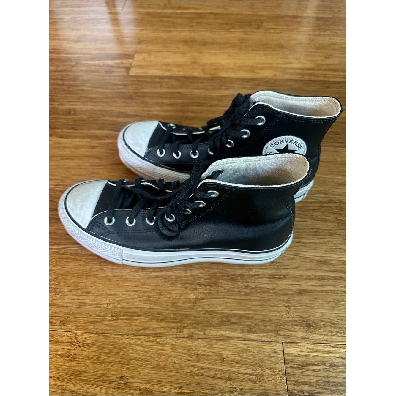 CONVERSE Chuck Taylor Size 8 All Star Black Leather High-Top Platform Sneakers
