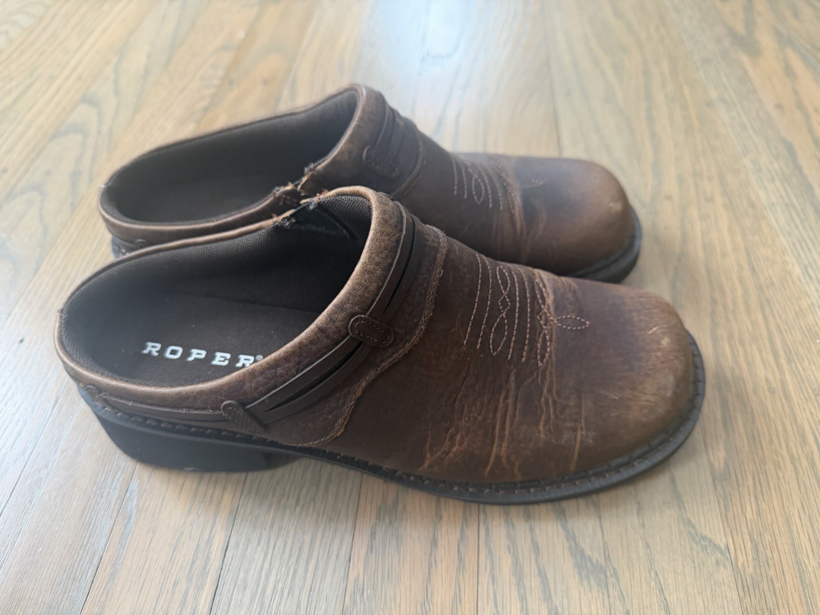 Roper Womens Size 8.5 Brown Leather Slip On Casual Western Cowboy Mule Shoes