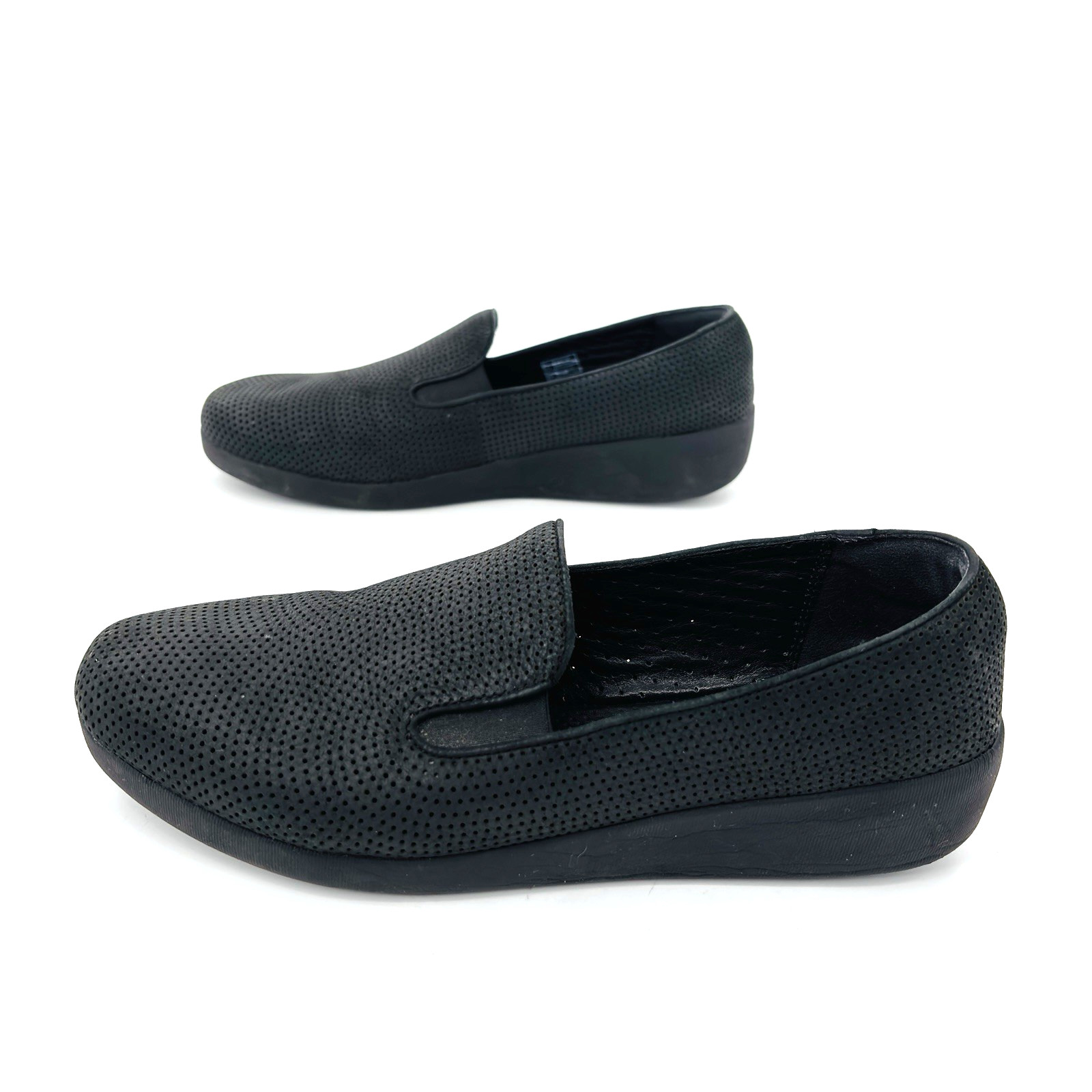 Womens 9 FitFlop SuperSkate Slip On Black Leather Loafers Shoes C27-001