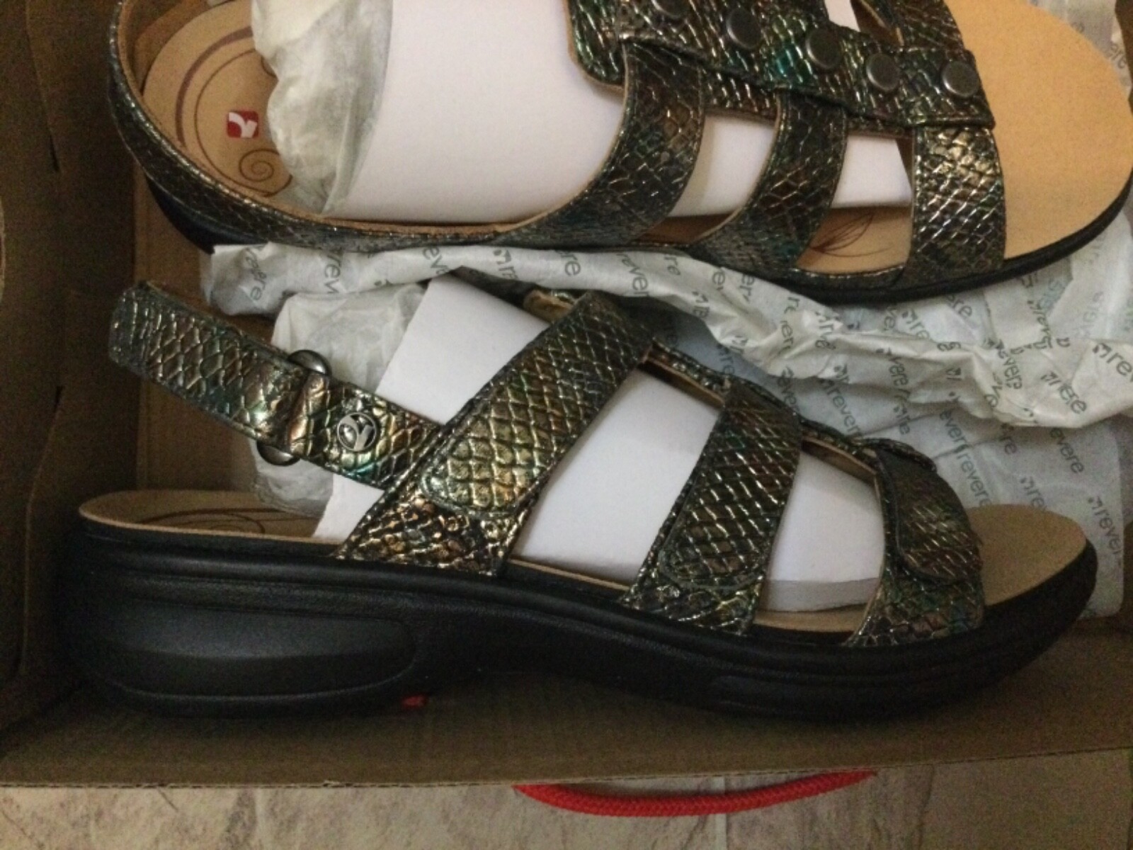 New $169 Revere Toledo Peacock Python Snake Black Slingback Sandals Women 6 M
