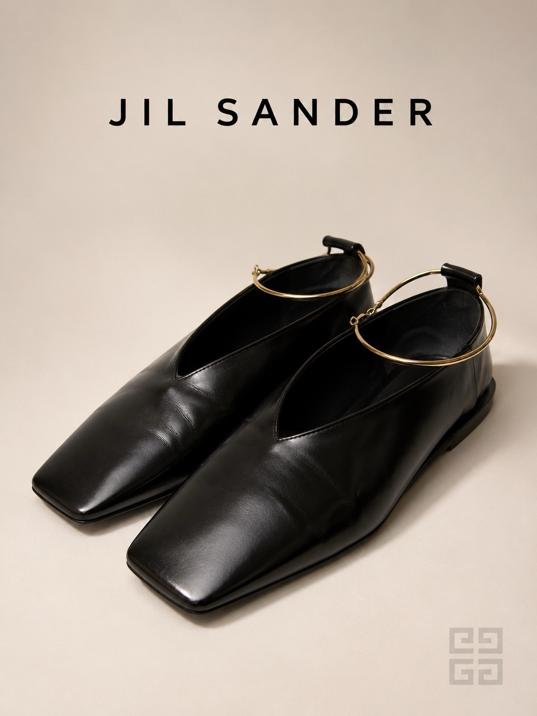 Jil Sander Black Leather Ring Detail Ballet Flats Square Toe Slip On Shoes EU 39