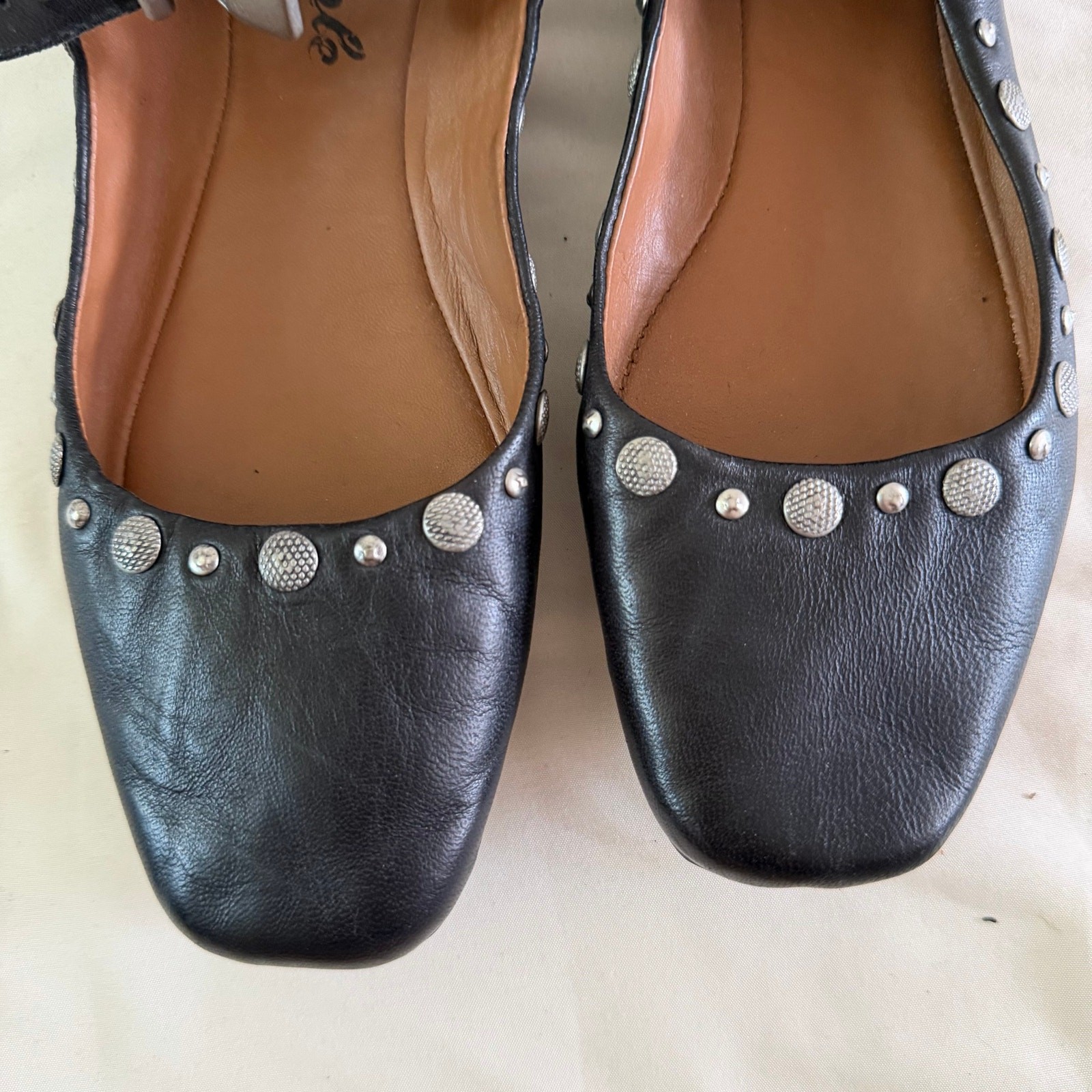 Free People Black Genuine Leather Studded Ankle Strap Flat 37 6.5 Fairy Grunge
