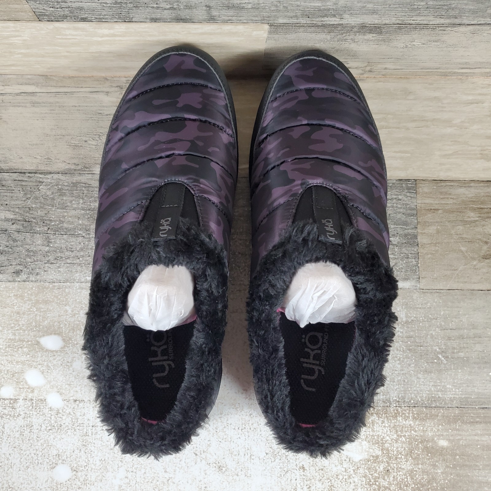 Ryka Anise Womens Loafer Sz 9 M Black Bean Camo Faux Fur Lined Comfort Slip On