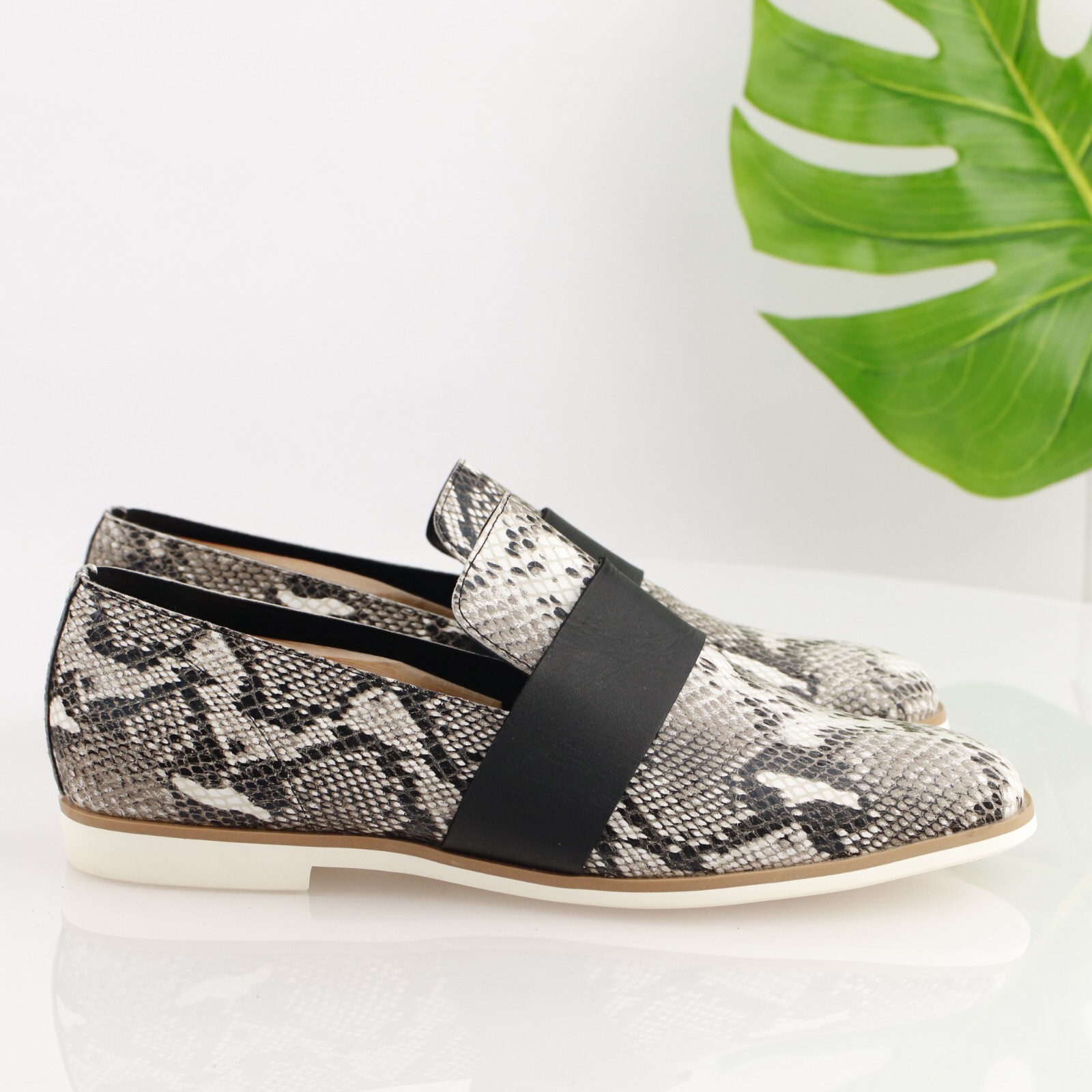 ALL-BLACK Womens Loafer Size 39.5 9 Black Gray Leather Python Slip On Shoe Flat