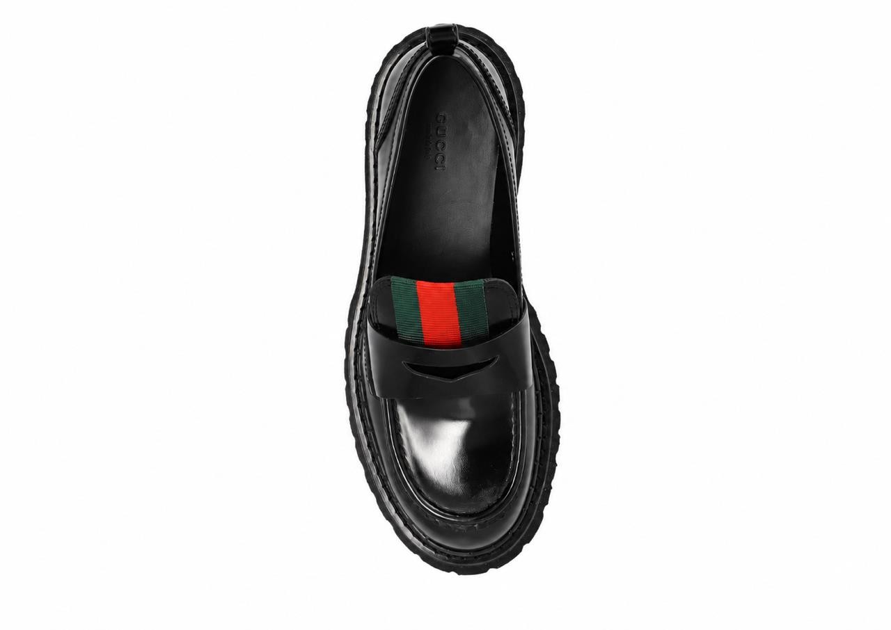 NEW GUCCI LADIES LUXURY BLACK LEATHER WEB LOGO LOAFERS SHOES 38/US 8