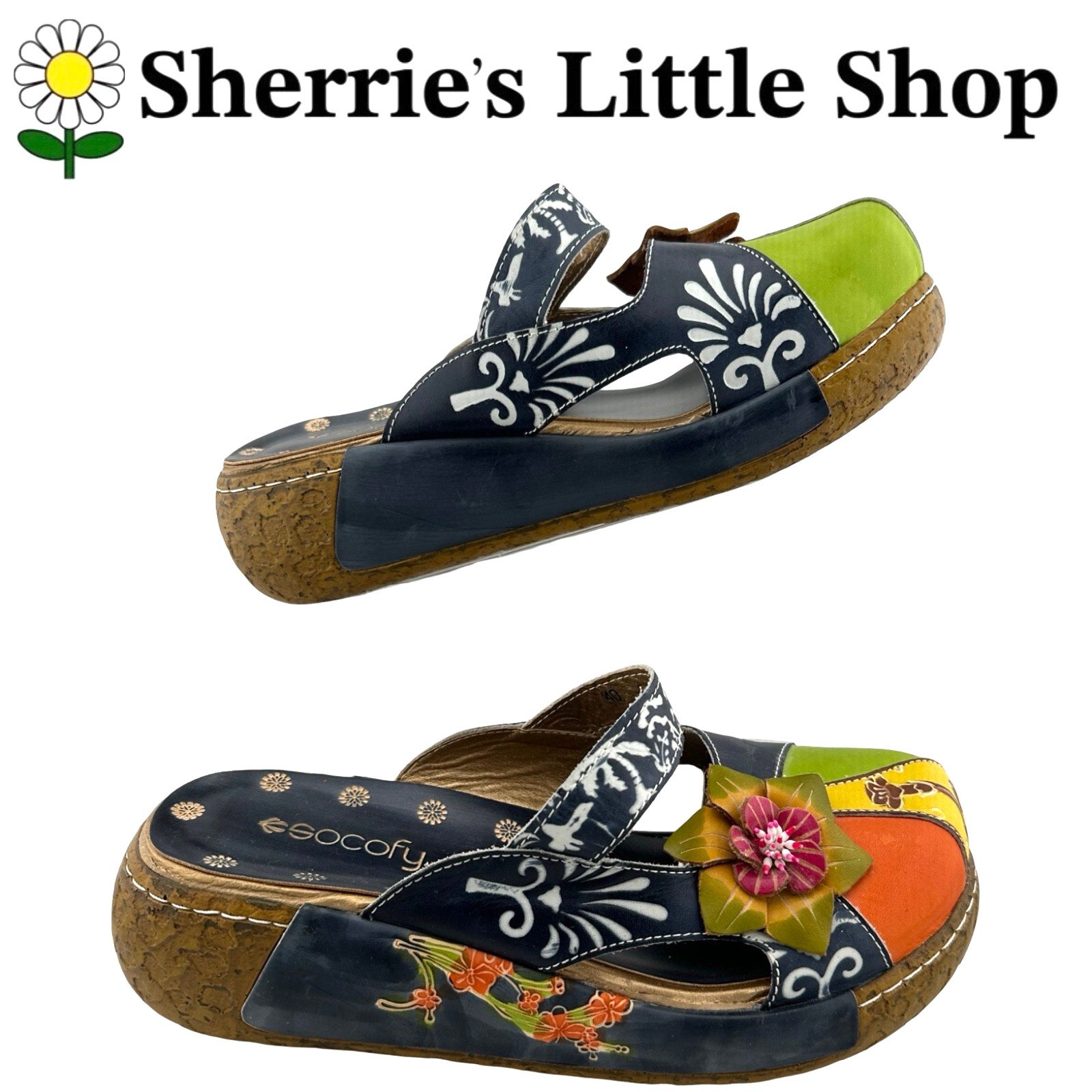 Women’s Socofy Flower Blossom Leather Bohemian Style Mule Clogs US 9-9.5 EU 40