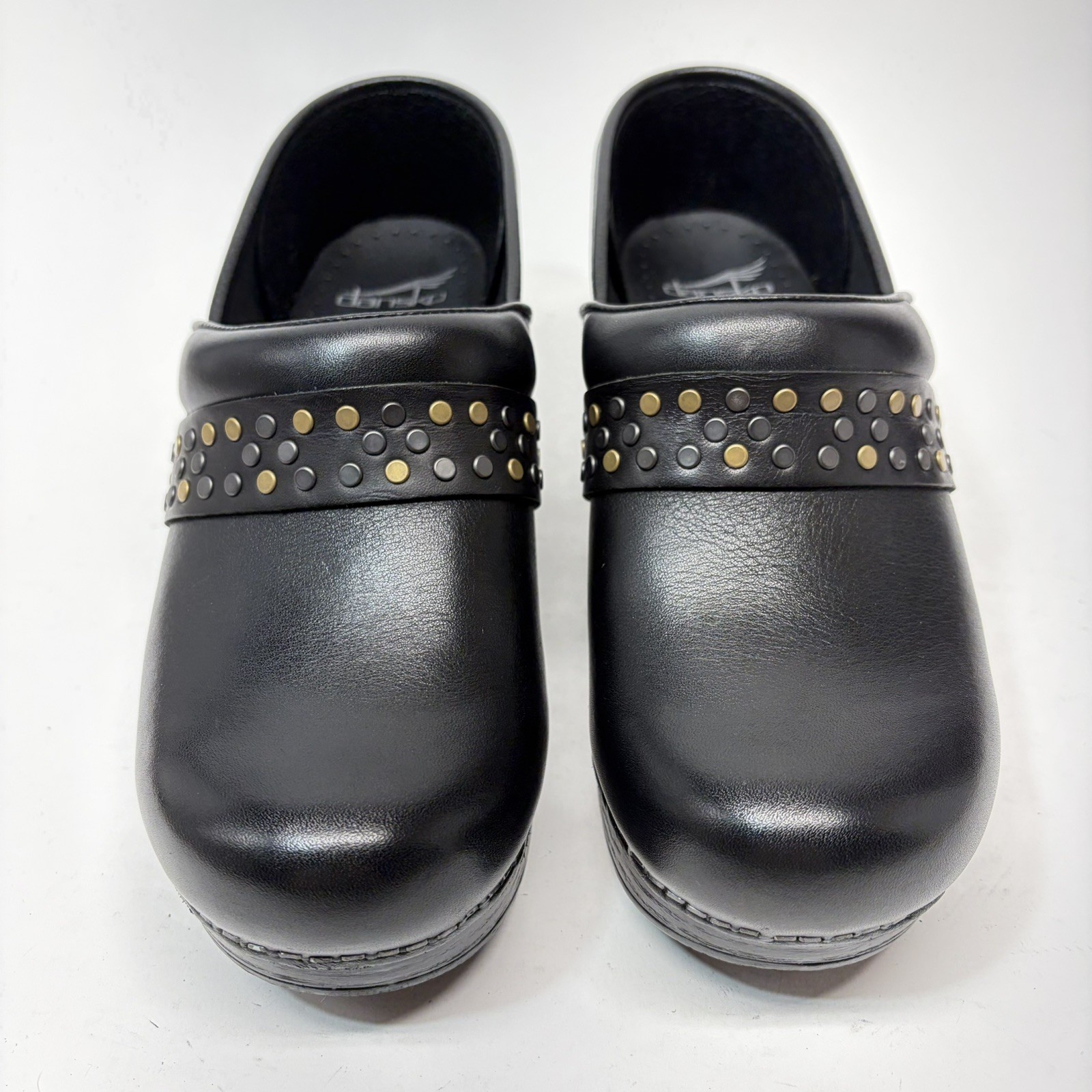 Dansko Pavan Clogs Black Leather Studded Strap Comfort Shoes Walking Size 38