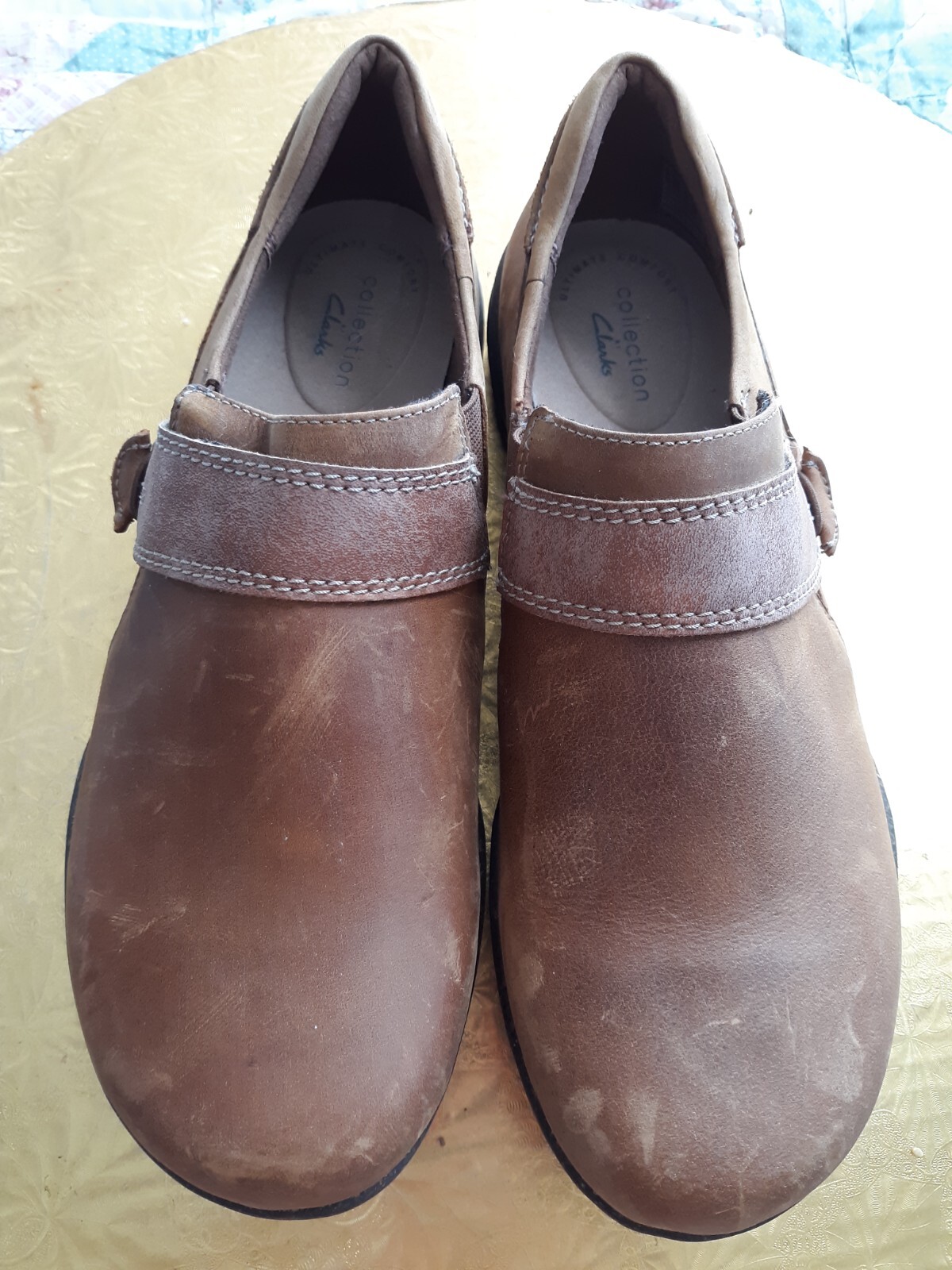 Comfort CLARKS Dark Tan LEATHER Women Size 8.5 M Round Toe Shoes MEXICO