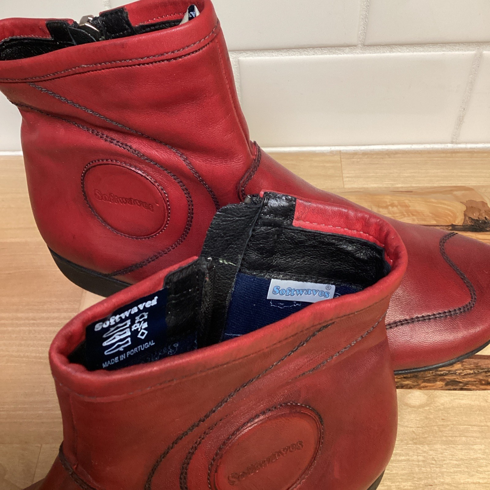 Softwaves Womens Red Leather Ankle Boots Booties Zip Zip Comfort Flat Shoes 7.5