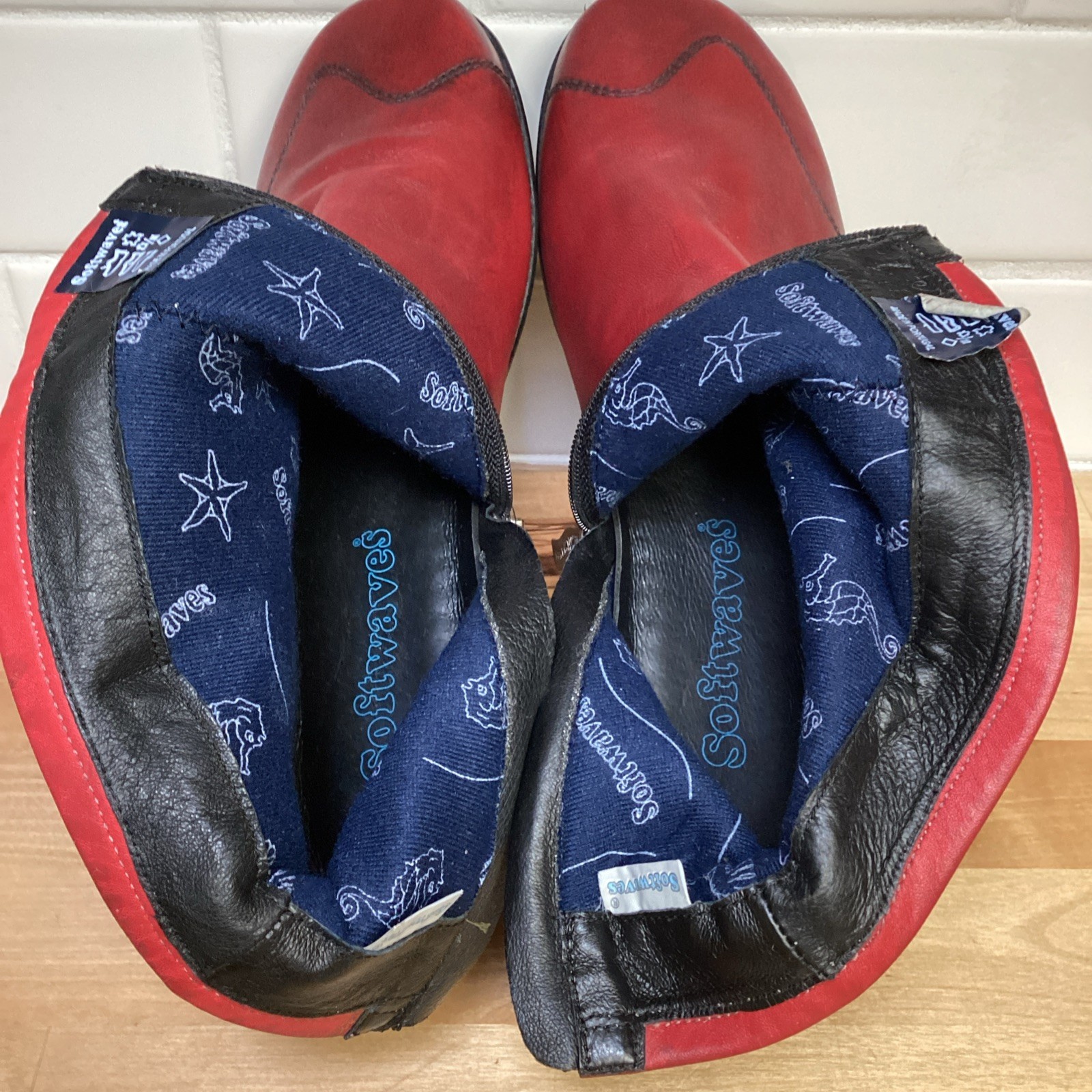 Softwaves Womens Red Leather Ankle Boots Booties Zip Zip Comfort Flat Shoes 7.5