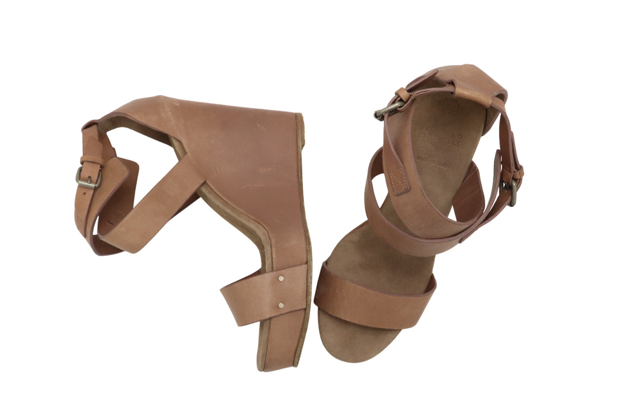Brunello Cucinelli Shoes Womens Eu 39 Leather Wedge Sandals Beige
