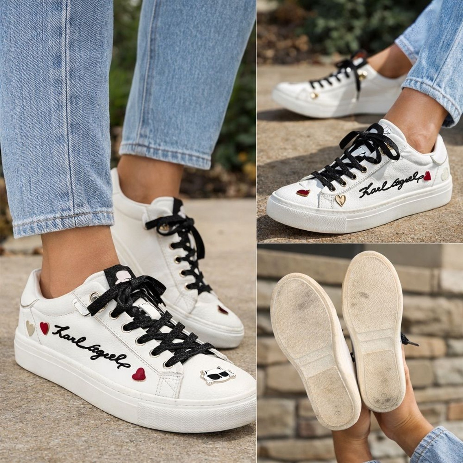 Karl Lagerfeld Paris Cate Pins Sneakers White Leather Heart Pins Charm Women 6M