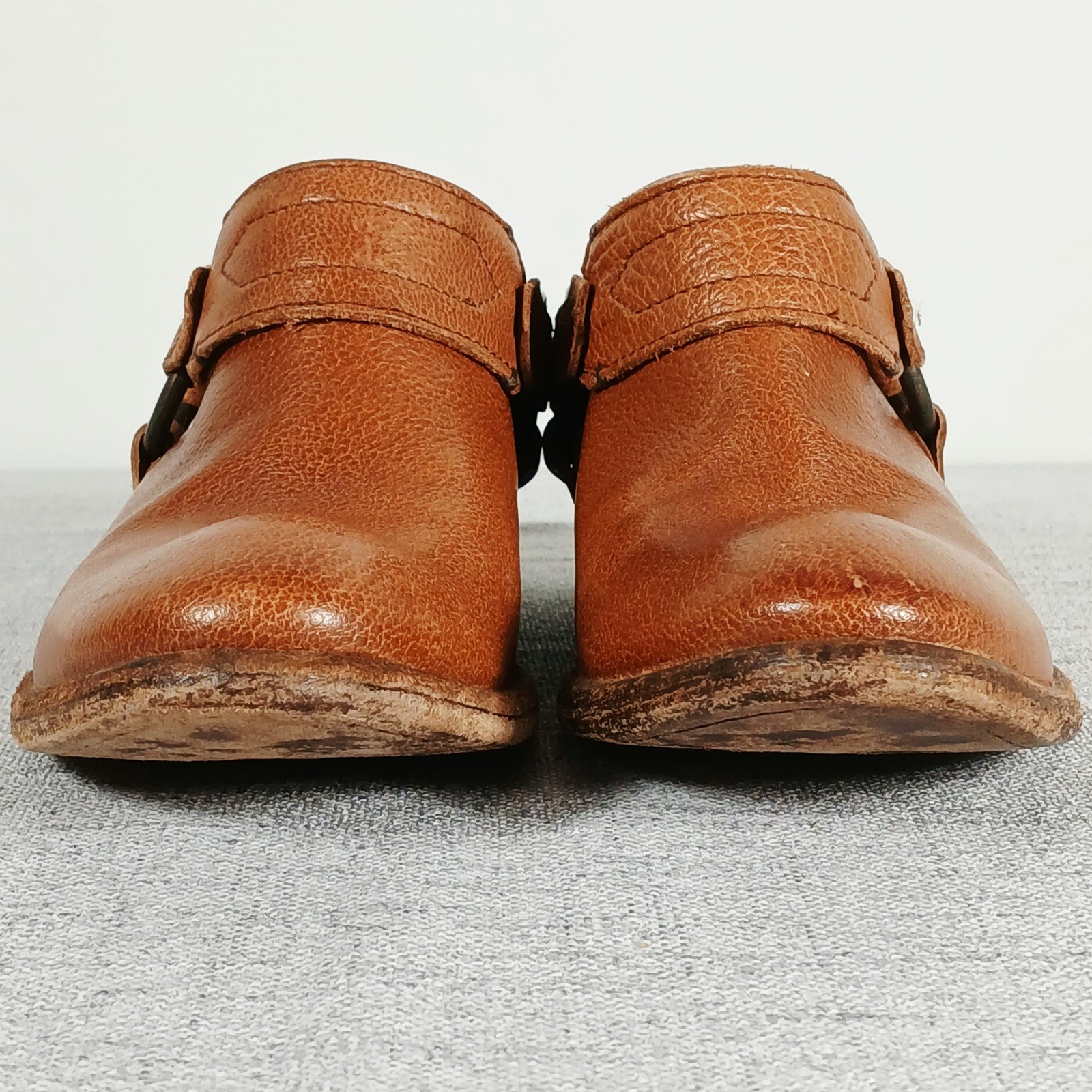 Frye Western Core Harness Ring Pebbled Leather Block Heel Mules Brown Scuffed
