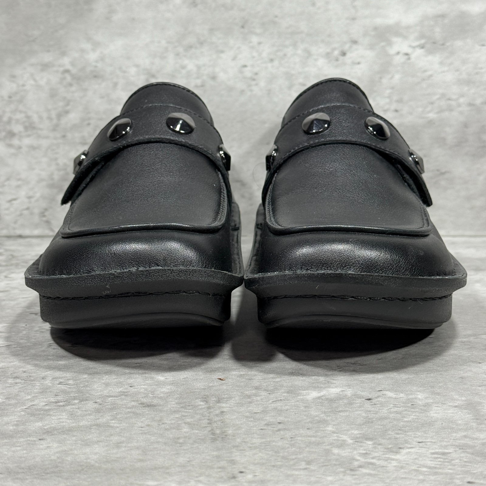 Alegria Ericka Black Leather Studded Strap Hook & Loop Wedge Shoes Women’s 8-8.5