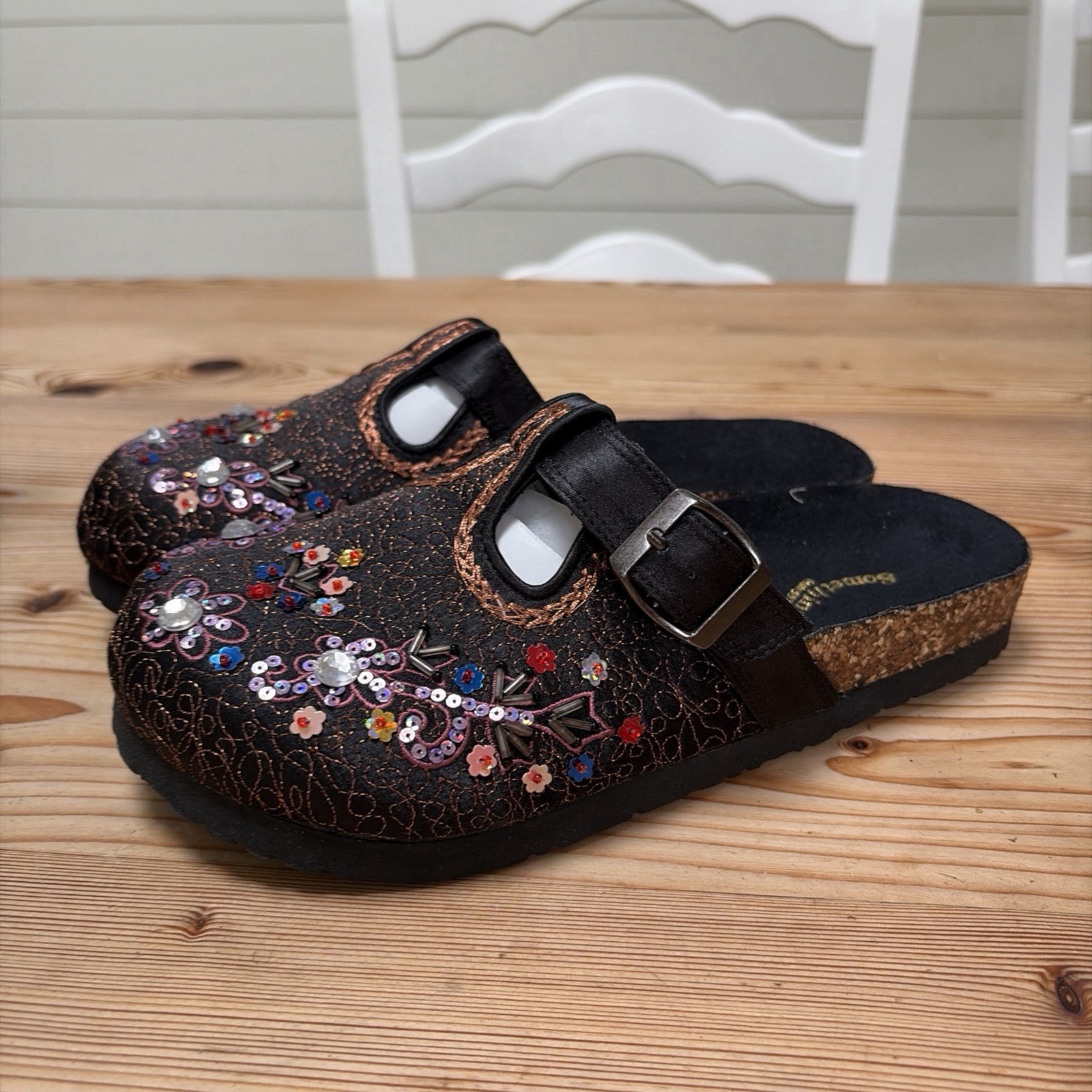 New Y2K Skechers Satin Clogs Beaded Embroidered Slide Shoe Comfort Sz 8 Black