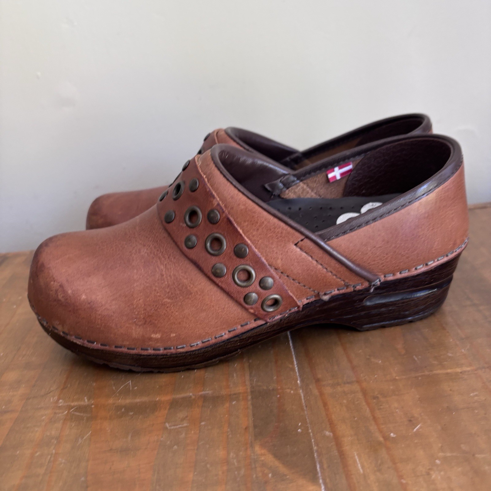 Sanita Caddo Brown Leather Studded Clogs-Size 37-US Size 5.5-6-Boho/Comfort