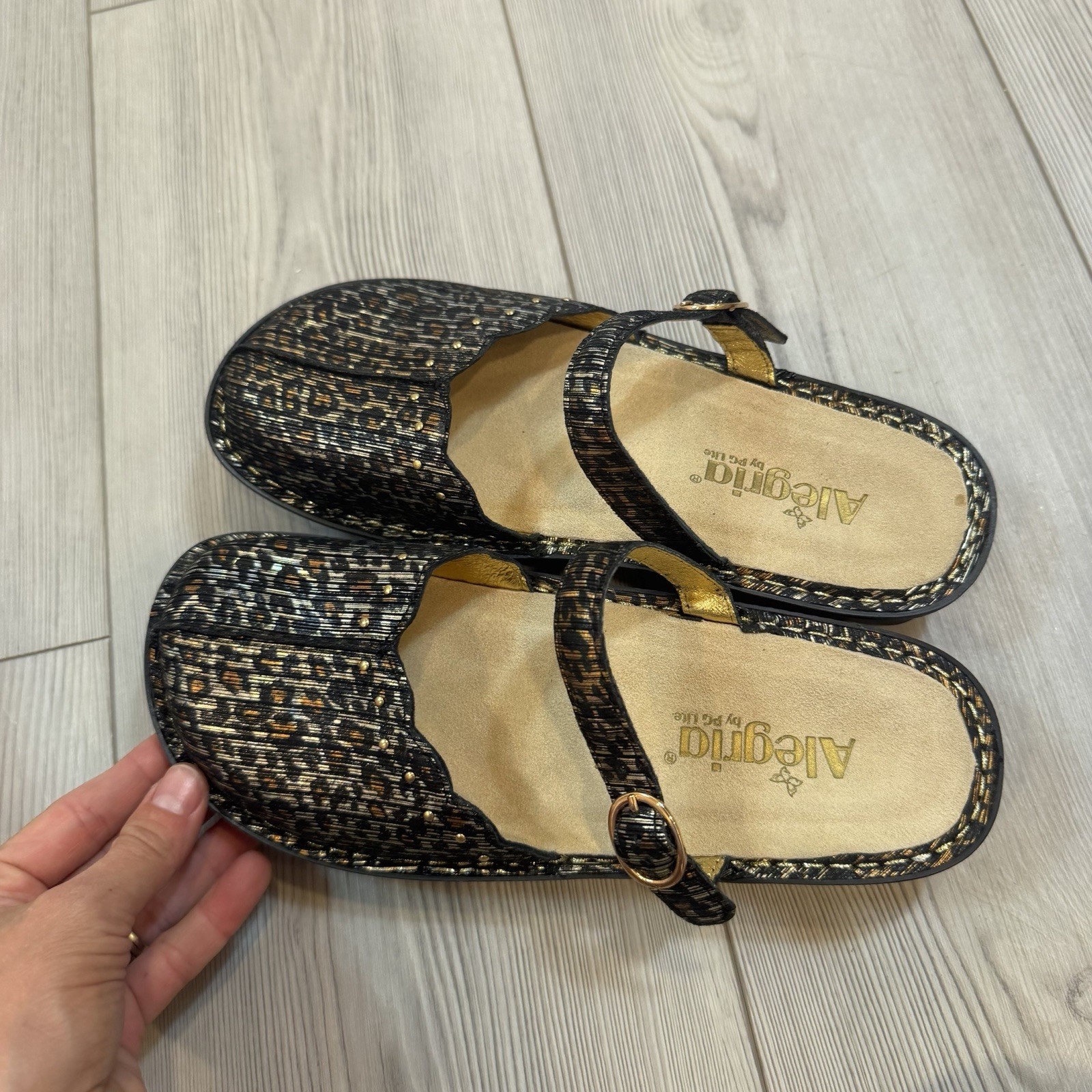 Alegria Tuscany Leopard Stripe Metallic Leather Clogs Mules TUS-403 38 8 8.5