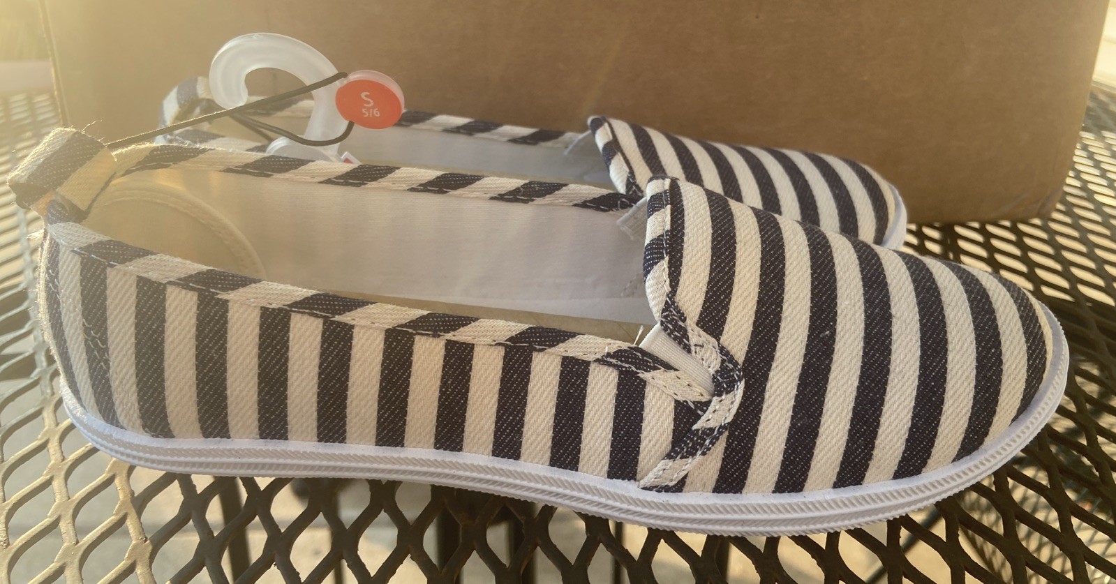 West Loop Navy White Canvas Stripe Small 5/6 Women’s Slip On Memory Foam Shoes