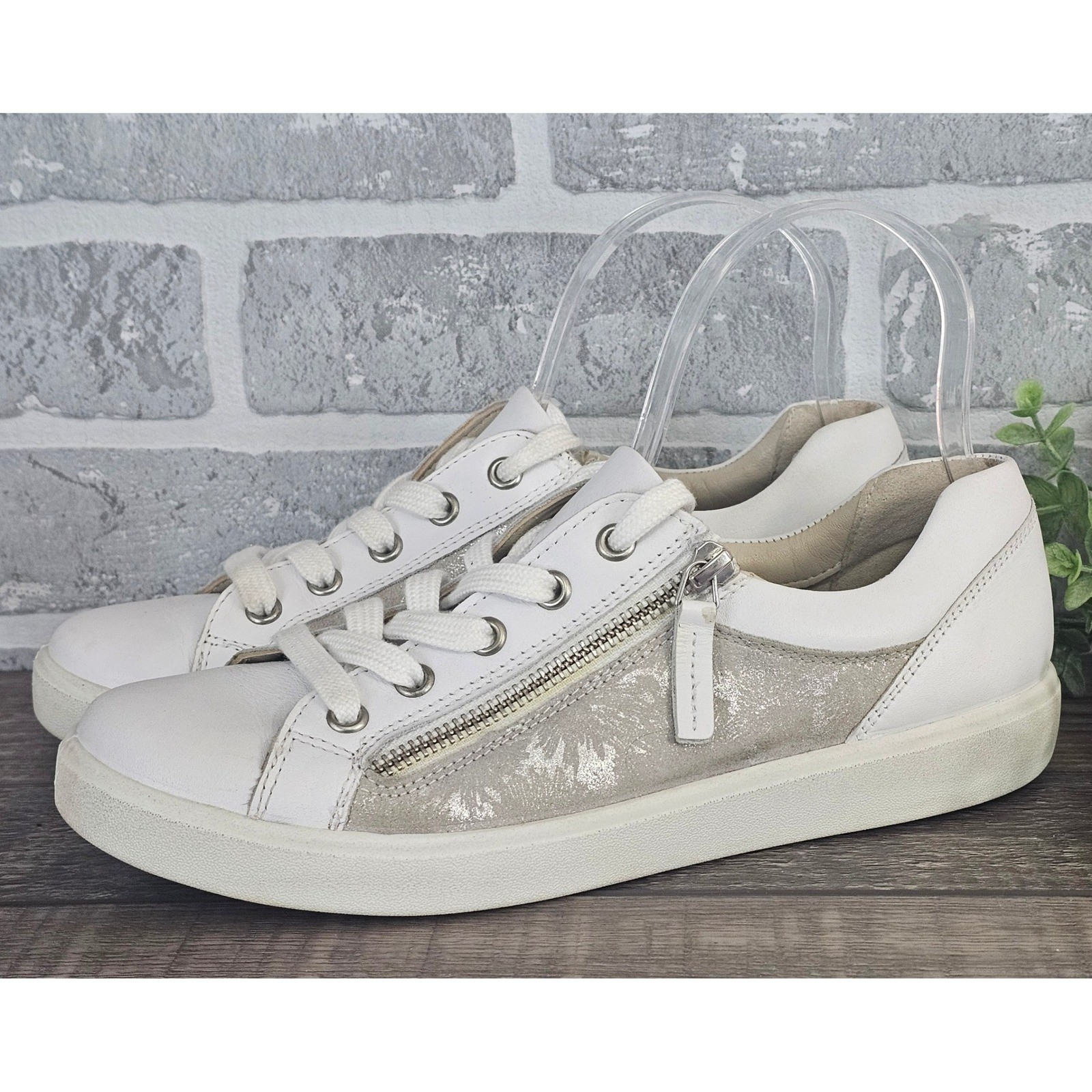 Hotter Chase Metallic Leather Sneakers White Beige Side Zip Comfort Women 8