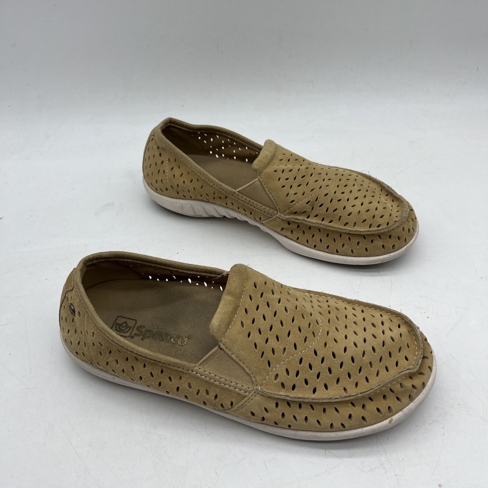Spenco Bailey Slip On Loafer Flat Womens 8.5 Laser Cut Suede Brown Orthotic Shoe