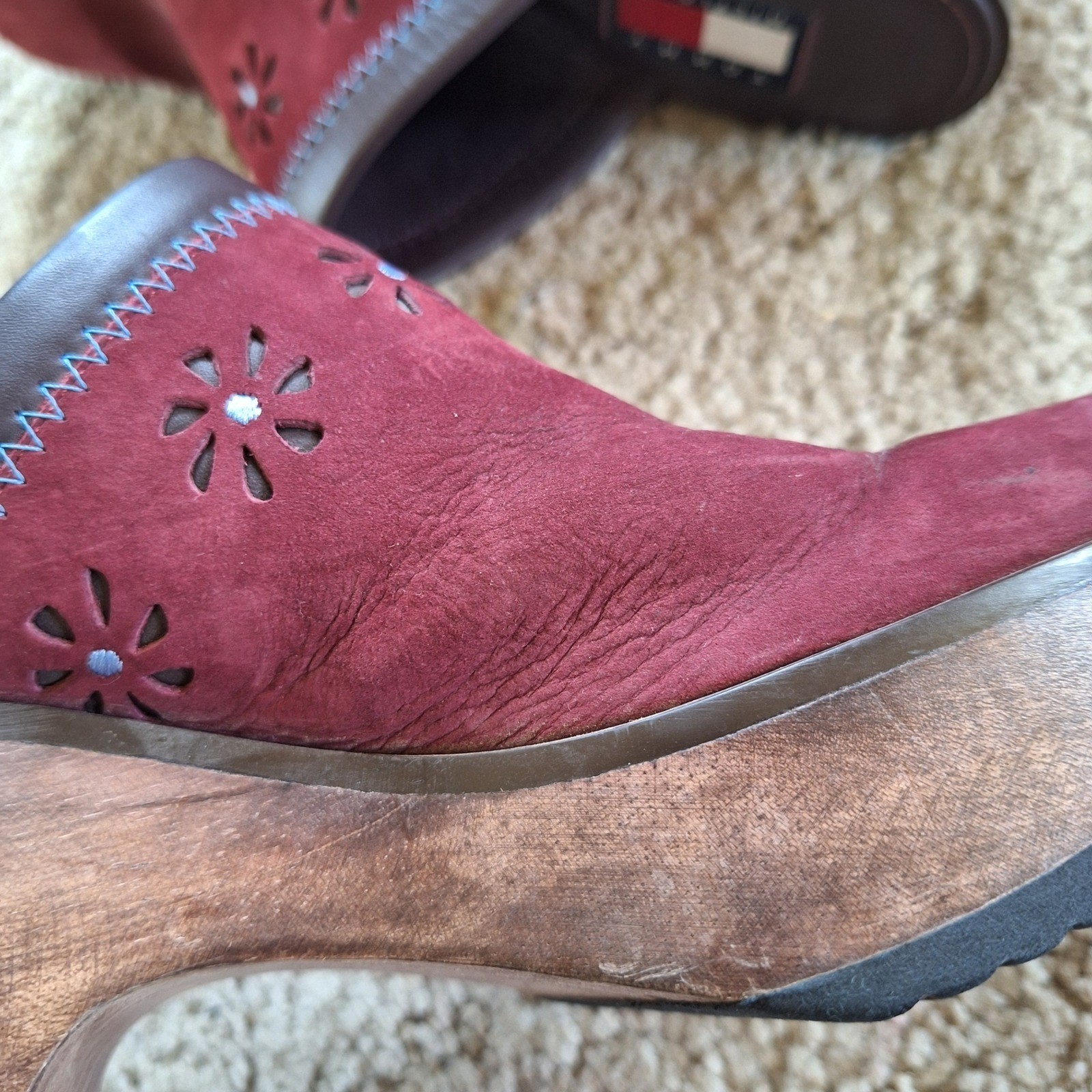 Tommy Hilfiger Vintage Y2K Wooden Suede Flower Cutout Mules Clogs READ No Size