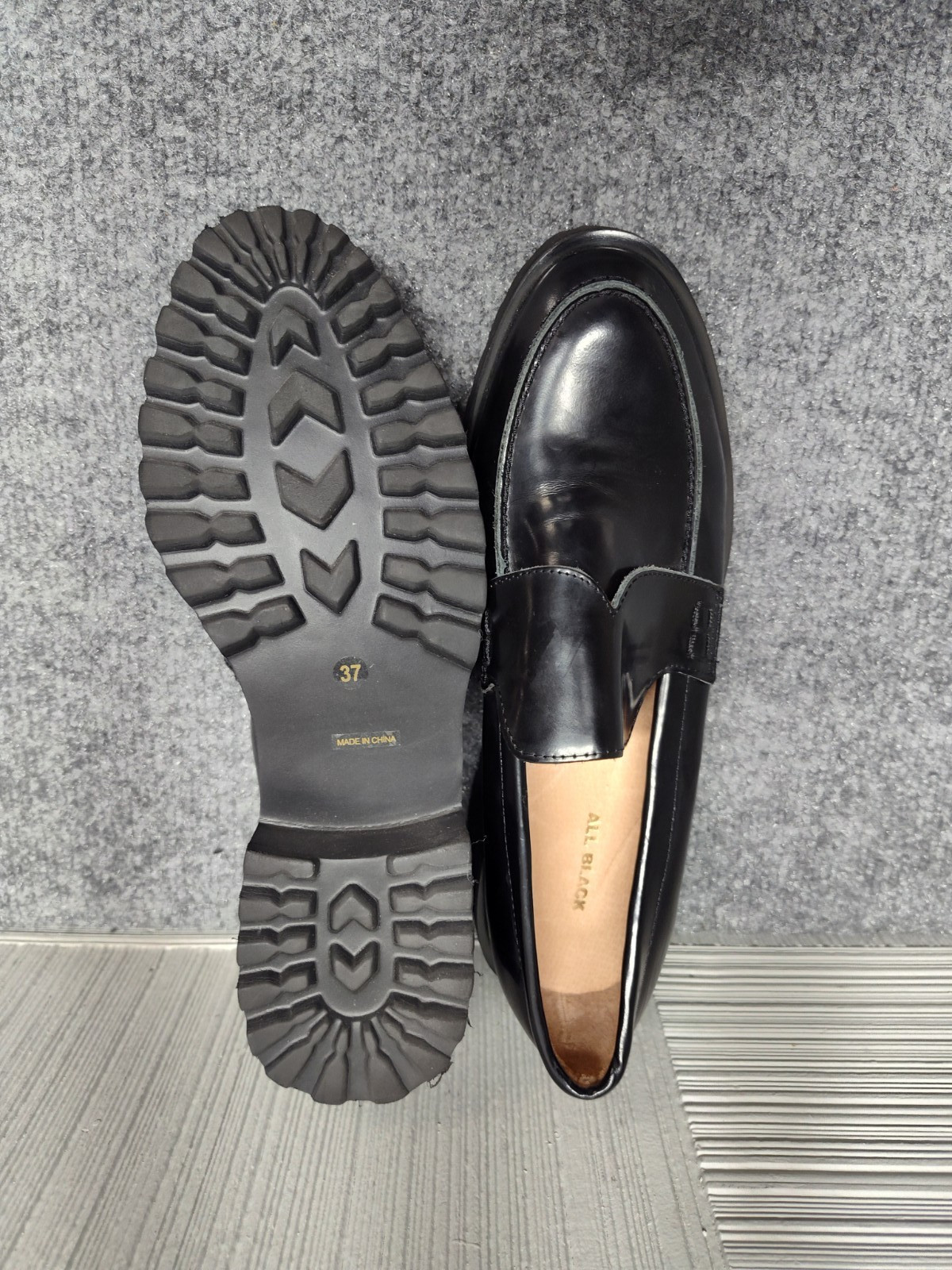 ALL BLACK Women Loafer 37 US 6 Black Patent Leather Slip On Chunky Platform Shoe