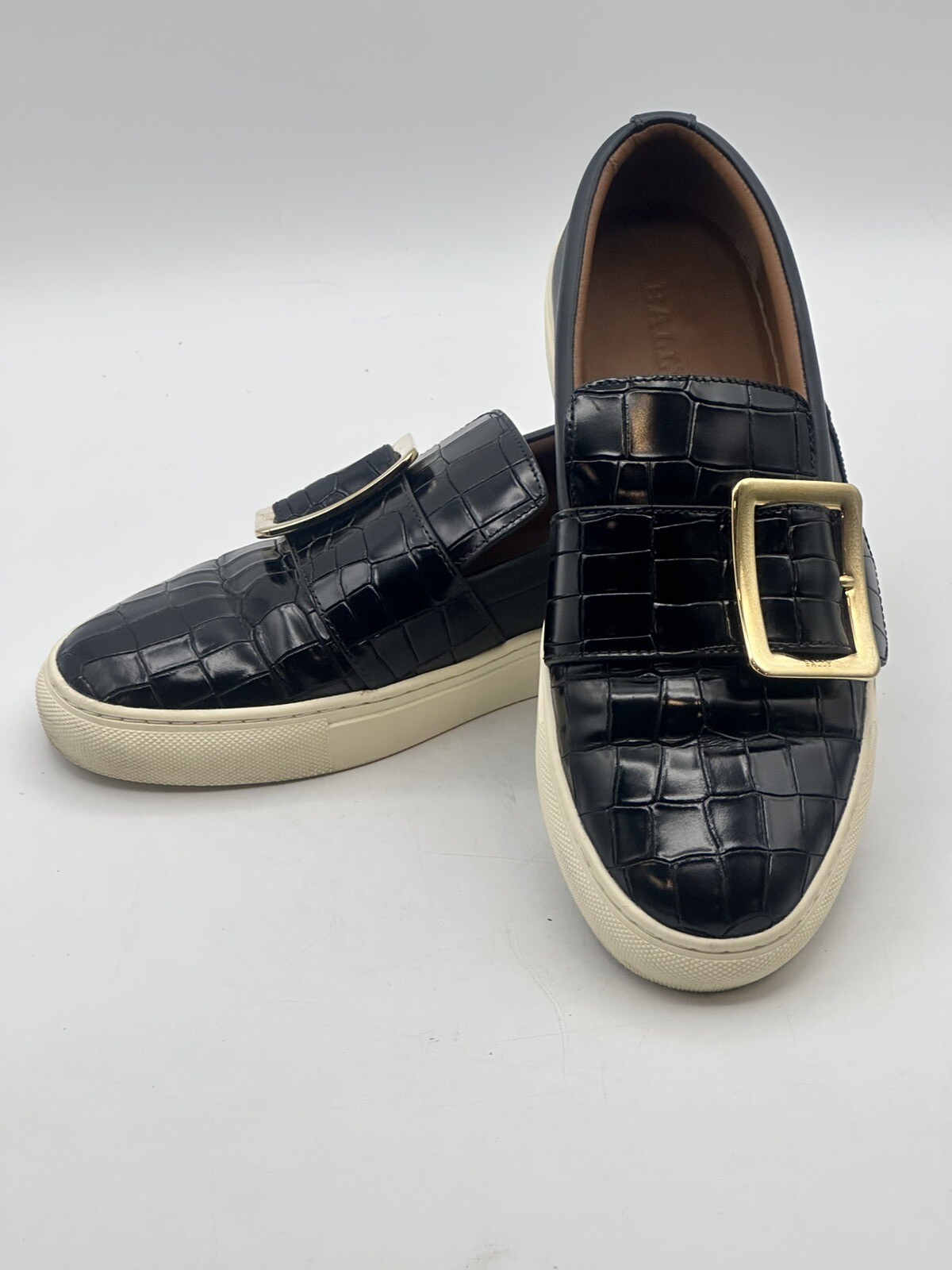 Bally Switzerland Heska 100 Gold Buckle Crocodile Imprint Loafer EU38E US7.5M