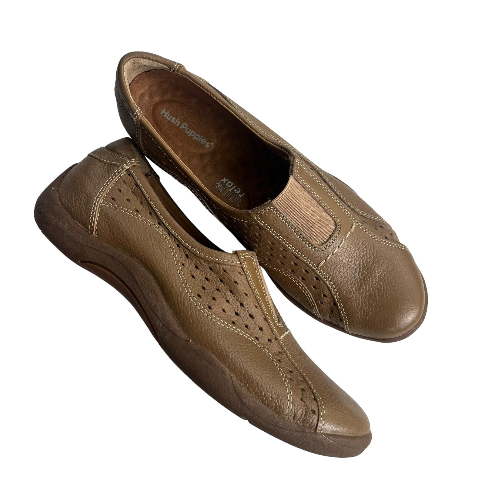 Hush Puppies Womens 8.5 Tan 100% Relax Slip On Dasher Mardie Oxford Leather Shoe