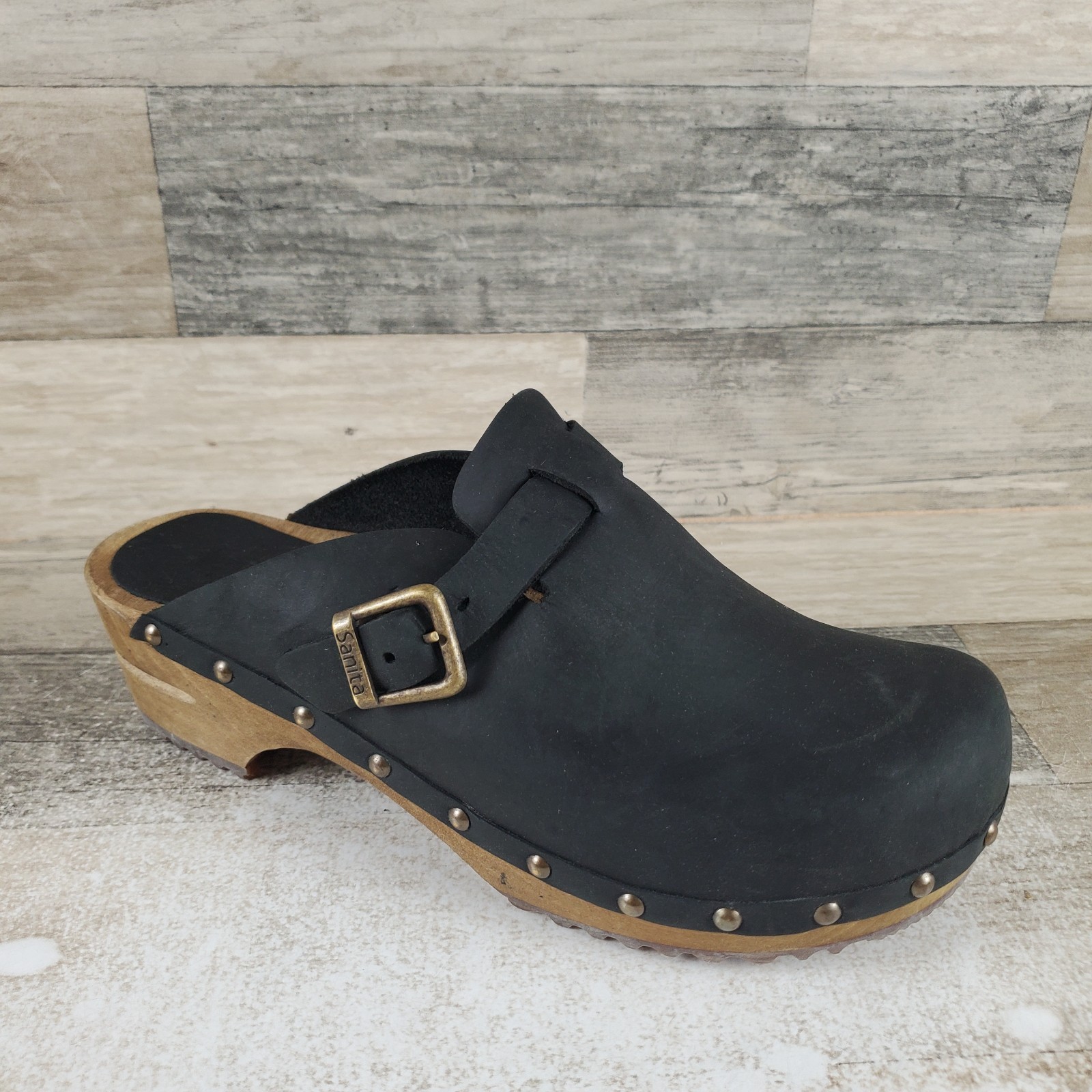 Sanita Kristel Women Clog Sz 8 Black Leather Buckle Slip On Round Toe Block Heel