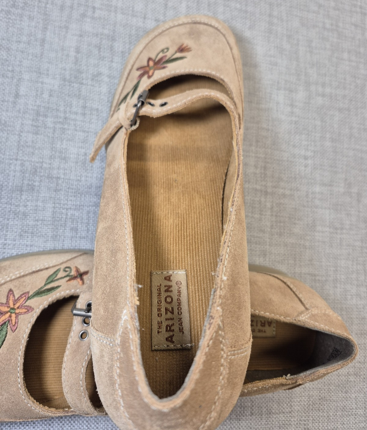 Vtg Floral Embroidered Brown Leather Suede Mary Janes-Arizona Jean Co, Sz 10M