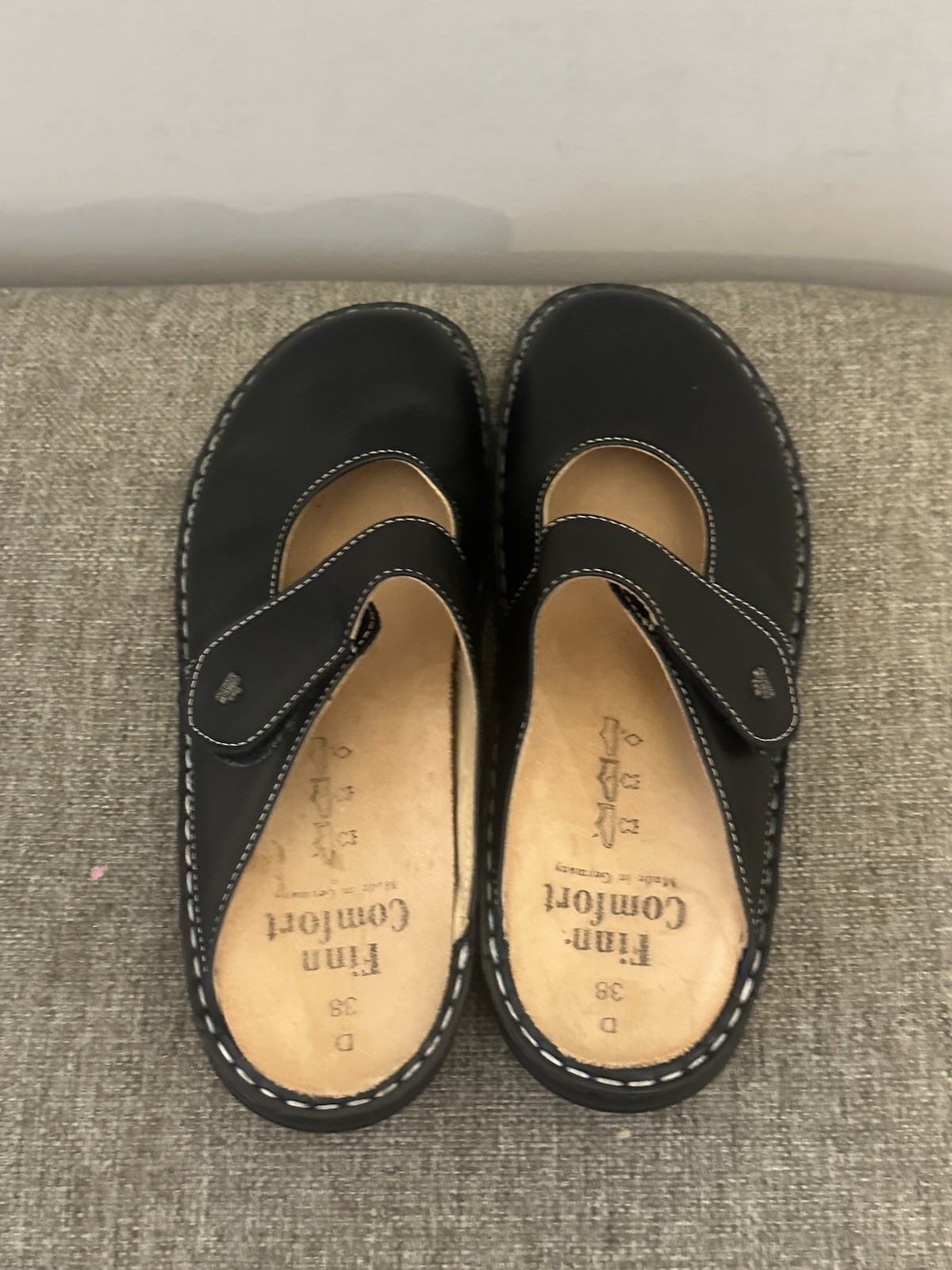 Finn Comfort black leather mules adjustable hook-and-loop strap Size 7.5