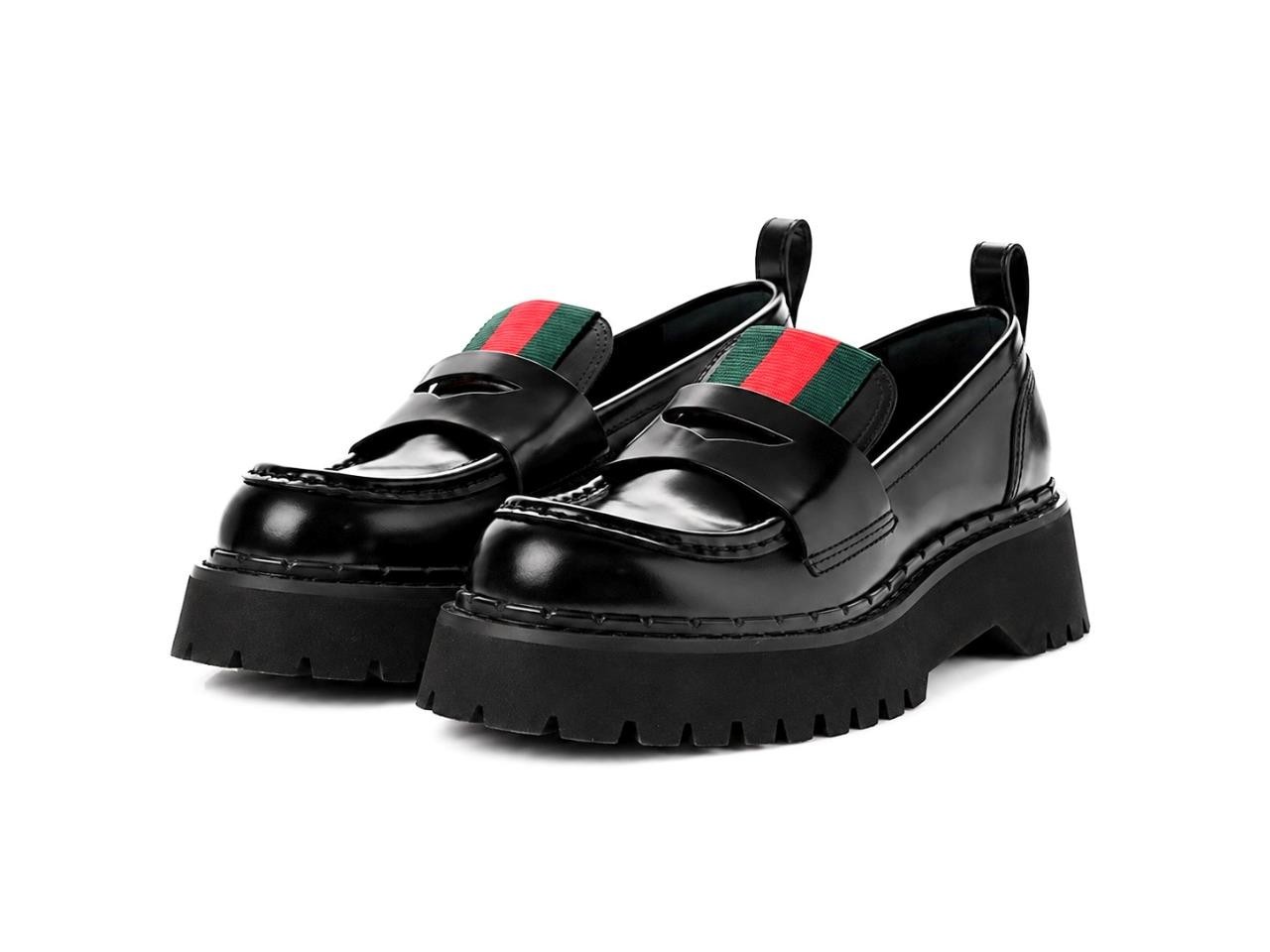 NEW GUCCI LADIES LUXURY BLACK LEATHER WEB LOGO LOAFERS SHOES 38/US 8