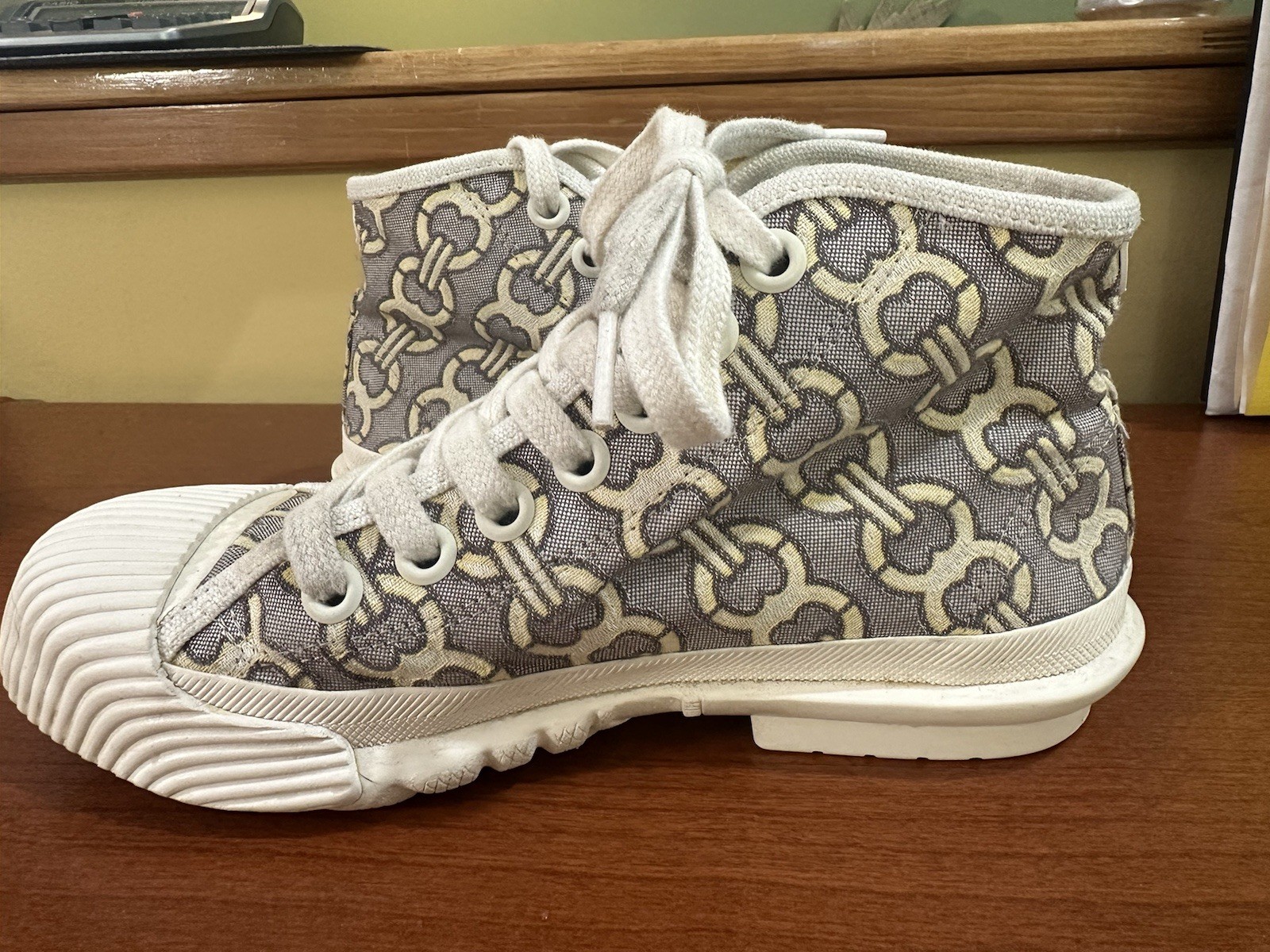 TORY BURCH “Buddy” Jacquard Sneakers White Beige Cap Toed High Top Shoes 7 M
