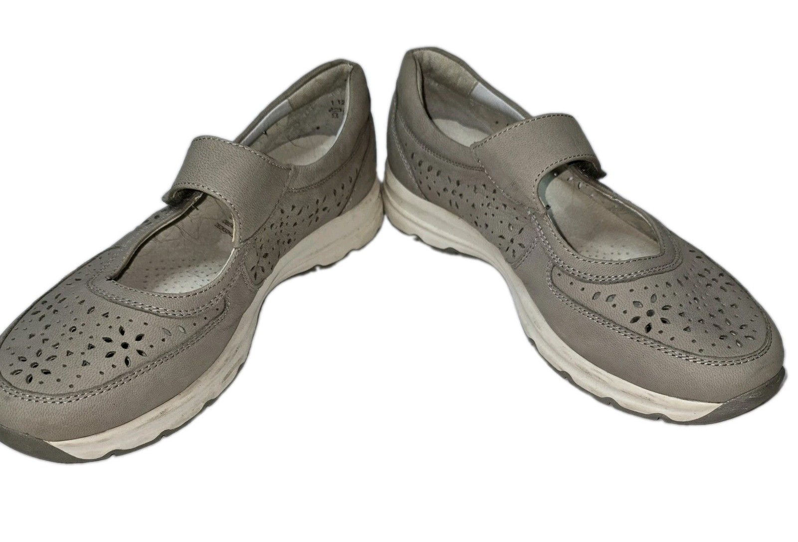 Medicus Women’s Gray Leather Mary Jane Flats Hook & Loop Comfort Cushioned G