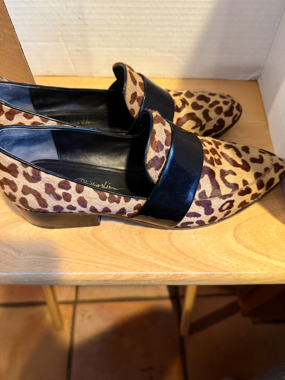 3.1 PHILLIP LIN WOMEN FAUX PONY HAIR LEOPARD PRINTS SZ.38.5 LOAFER CHUNKY HEEL