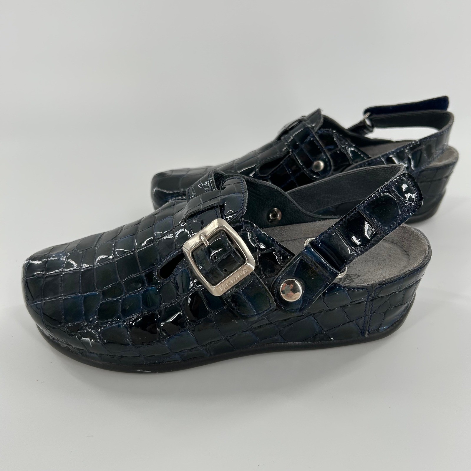 90’s Helle by Romu’s Patent Crocodile Print Slingback Clogs Mules Shoes Size 36