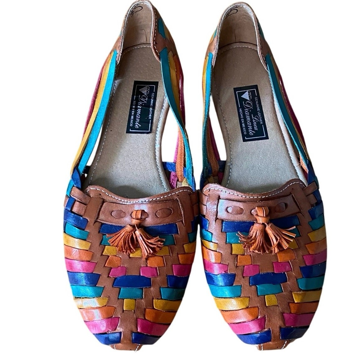 Women’s Slip On Sandal, Leather, 6.5, Tan/Multi colors, Made in Mexico, Size 6.5