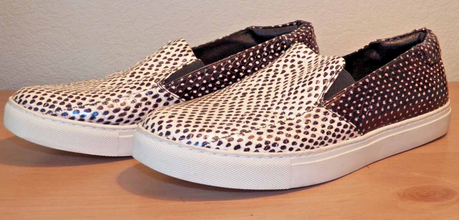 KENNETH COLE KING LEATHER BLACK WHITE SPOTTED CONTRAST SLIP ON LOAFER SHOES 9M