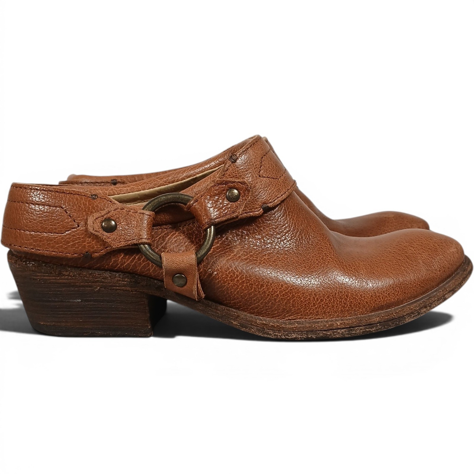 Frye Western Core Harness Ring Pebbled Leather Block Heel Mules Brown Scuffed