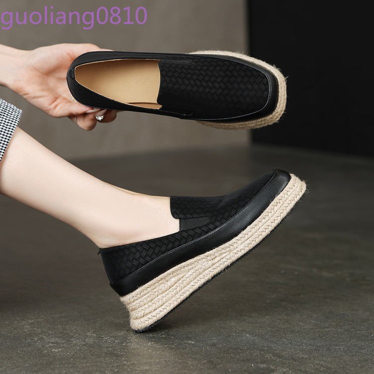 Weave Women’s Leather Casual Shoes Round Toe Platform Wedge Heel Loafer Platform