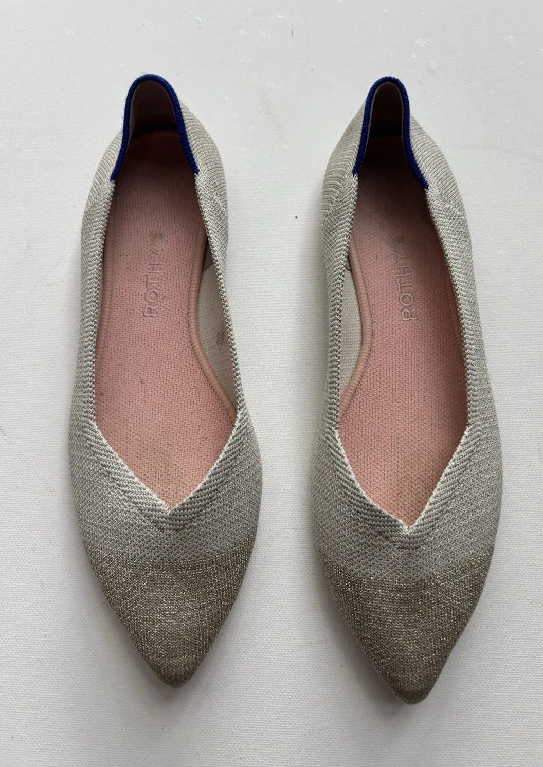 Rothy’s Point Diamond Metallic Shoes 9.5 Ivory Beige Glitter Flats Woven