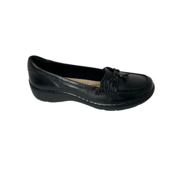 Clarks Women’s Cora Haley Mixed-Texture Tie-Top Loafers Black Leather Size 7.5M