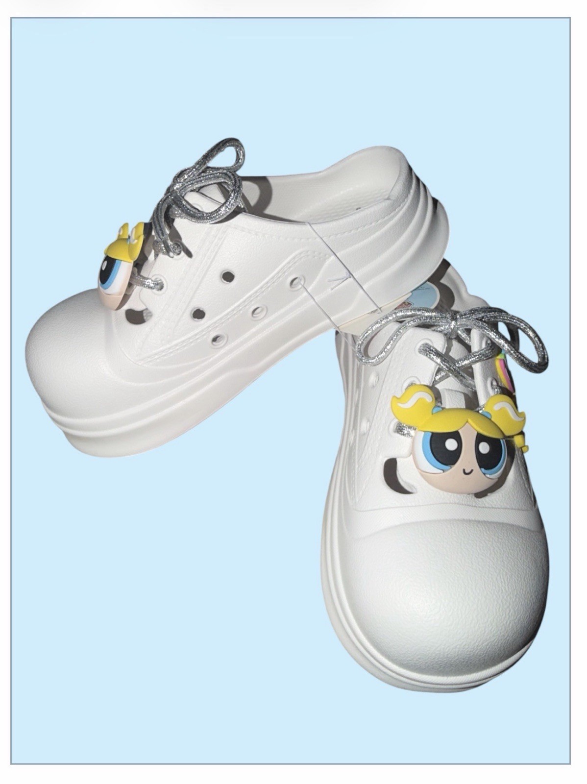 White Women’s Slip-On Clogs with Bubbles of Powerpuff Girls Size Large 39-40